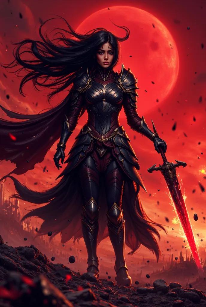 "Visualize a fierce warrior goddess clad in dark armor that glistens under a blood-red sky. Her long jet-black hair flows in the wind, and she wields a massive sword that crackles with energy. The battlefield around her is shrouded in mist, with remnants o...