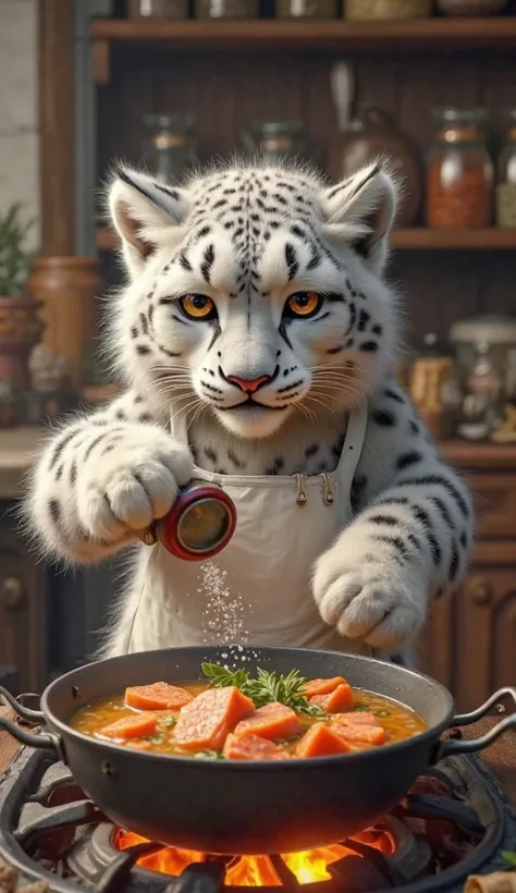 *"A fluffy and furry snow leopard, wearing a small white apron, cooking a soup in a large pot over a burning stove. He is carefully adding salt with a salt shaker, with a serious and focused expression. The soup contains pieces of salmon, fresh herbs and s...