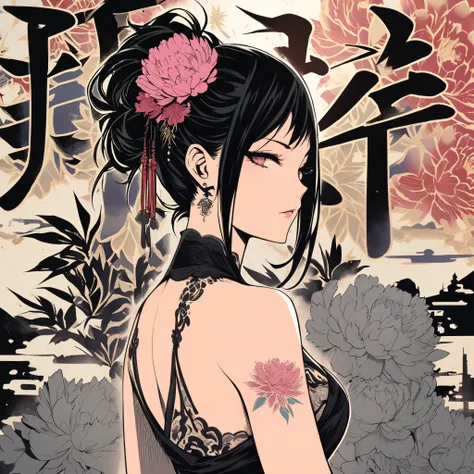 super detailed:1.3,   super delicate and detailed face  :1.3, (Absard Dress, texture, masterpiece), pixiv contest winner, Ink painting, Dynamic manga-style illustration of a Yakuza woman by Moronobu Hishikawa , of a yakuza woman with a peony tattoo on her ...