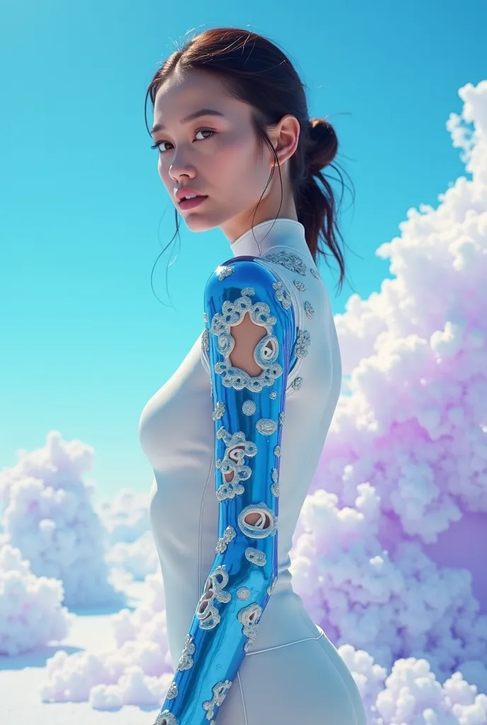 "Tight-medium portrait, premium fashion campaign shot, female model with delicate, confident features and a subtle, poised expression, wearing an avant-garde futuristic outfit: a sleek, form-fitting bodysuit in white with striking blue sculptural shoulder ...