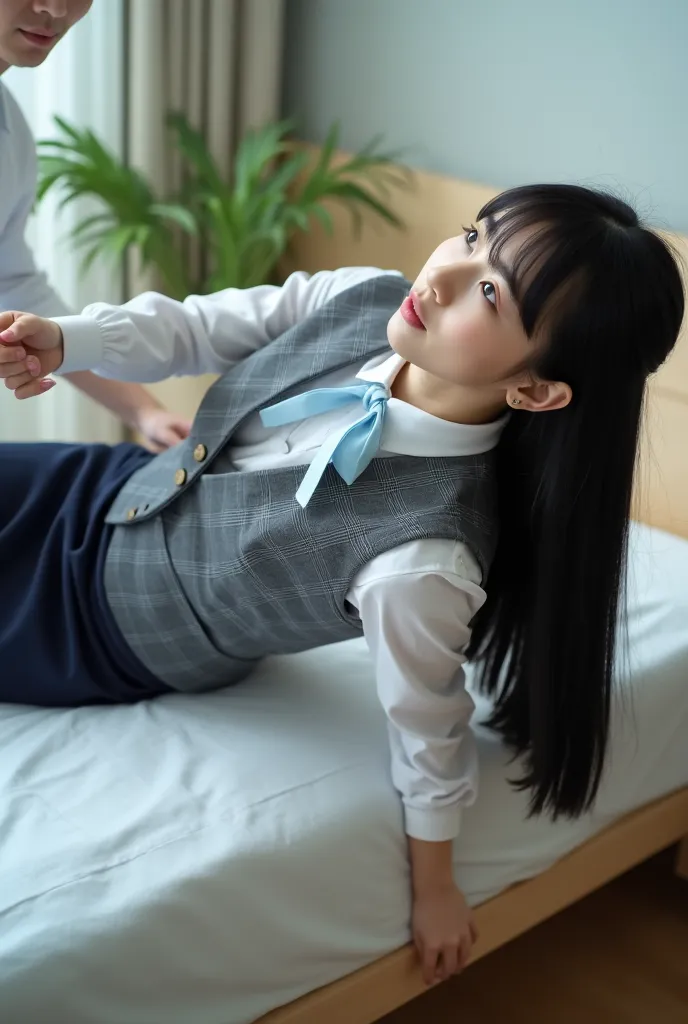 A beautiful young Japanese woman. She is lying on a table on her back.  A man is lifting up  her right calf.
Her head tilts backwards, gazing somewhere, opens mouth a little, no emotion.She is wearing a neatly tailored gray checkered vest with a prominent ...