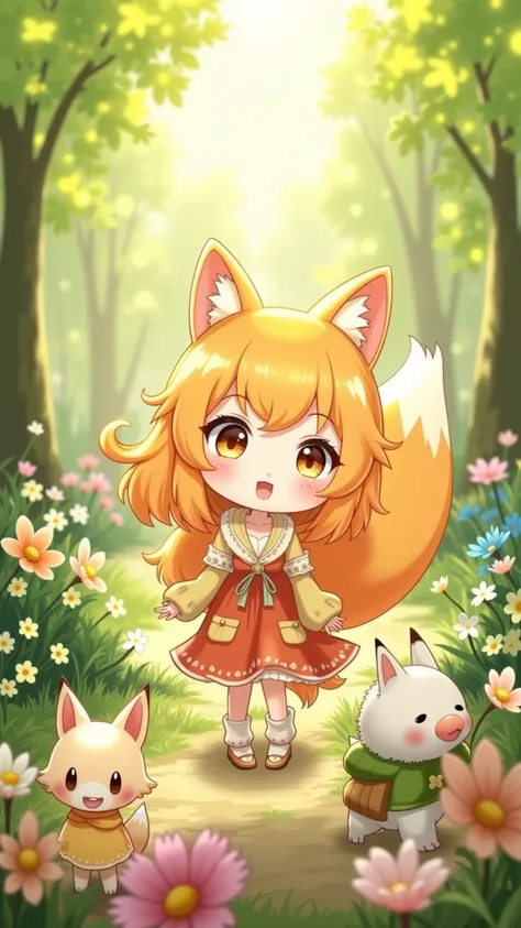 theme: 超ミニのちびキャラの可愛いFox Girl
シーン: 小さな森の中で遊んでいるFox Girl。Try generating an image of a cute fox girl。
Appearance:
Fox Girl: Very small、Adorable ratio。has big ears and a fluffy tail、has a bright orange coat。her big eyes are shining brightly。
clothing: cute fox...