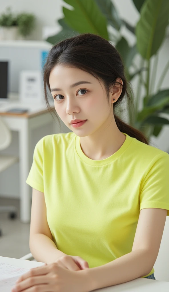 Image shows a woman sitting directly opposite the lens at her desk with her hands on the desk in office-like setting. She has dark hair tied in a ponytail and is wearing a bright two-string T-shirt  . The background is an office environment with a desk, ch...