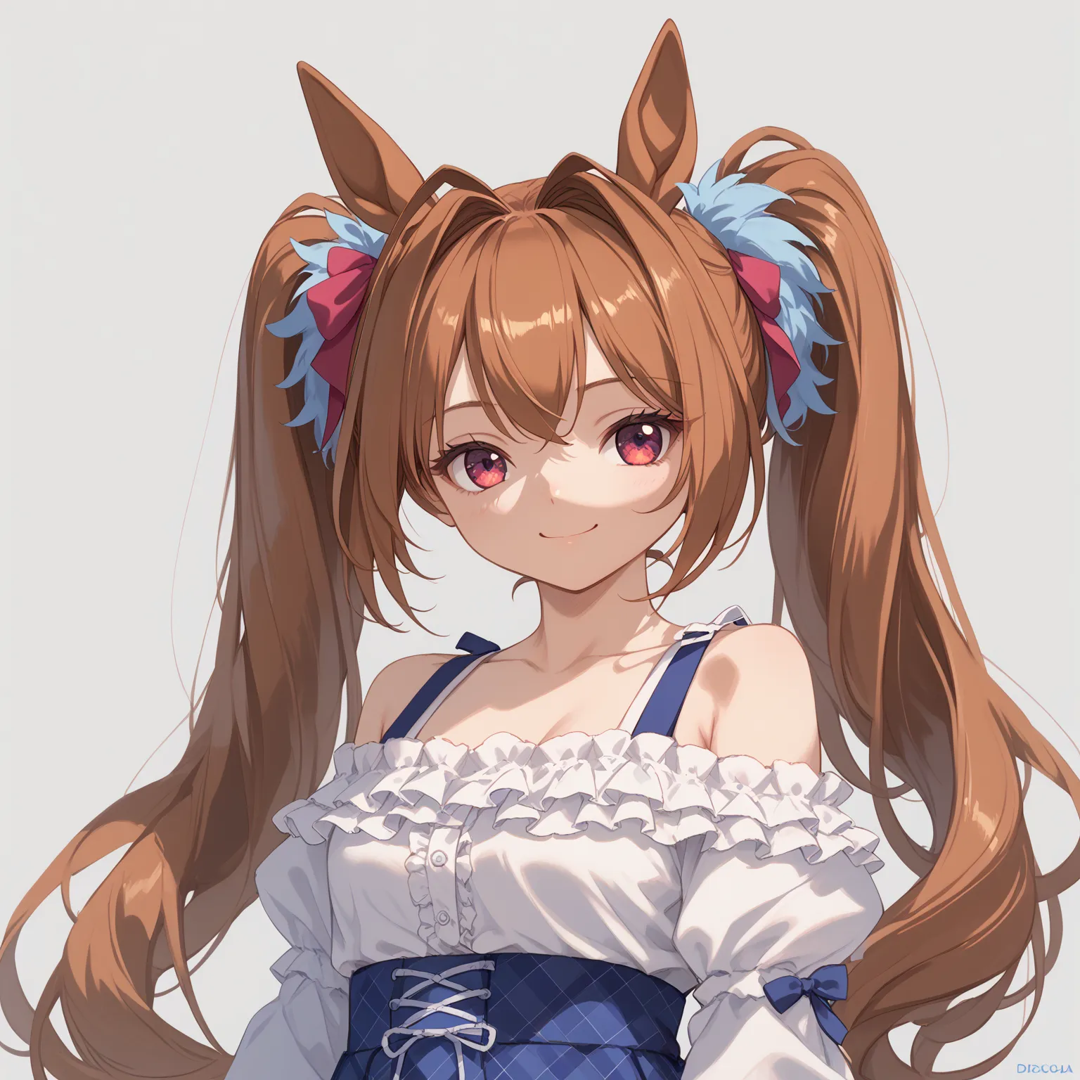 a girl,solo,headshot,daiwacasual, twintails,  horse ears, frills, white shirt, off-shoulder shirt, blue skirt, plaid, horse tail,smile,chibi