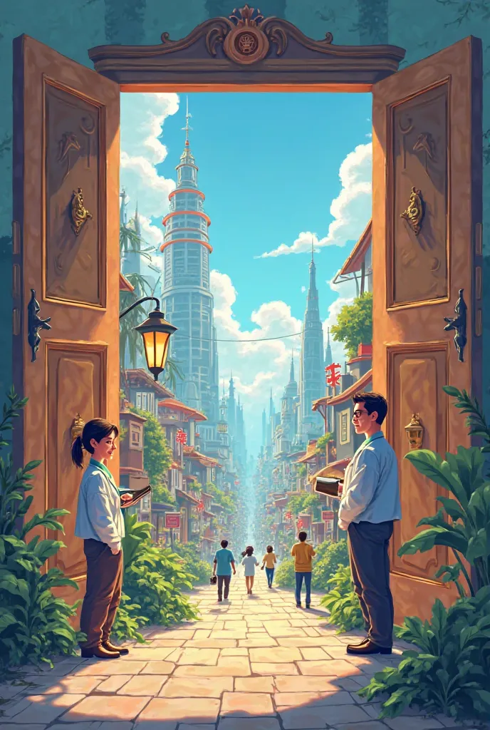 Cartoon with an open door outside that door there is a successful and good community, symbols of works such as Doctor, engineering, architecture like a busy urbanized area 