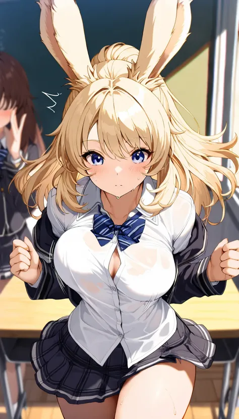 ((((  masterpiece)))), ((((  Top Quality)))),  (((Mysterious transfer student from another world、classroom))), Hi-Res,fine grain,  detailed face,   Very detailed facial depiction,  detailed eyes 、detailed face、detailed hair 、 Sparkling Skin 、sweat、viera,  ...
