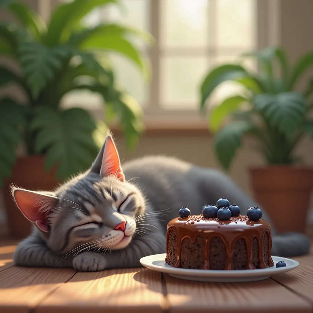 a gray cat is lying next to a chocolate cake decorated with blueberries , indoor plants are read in the background