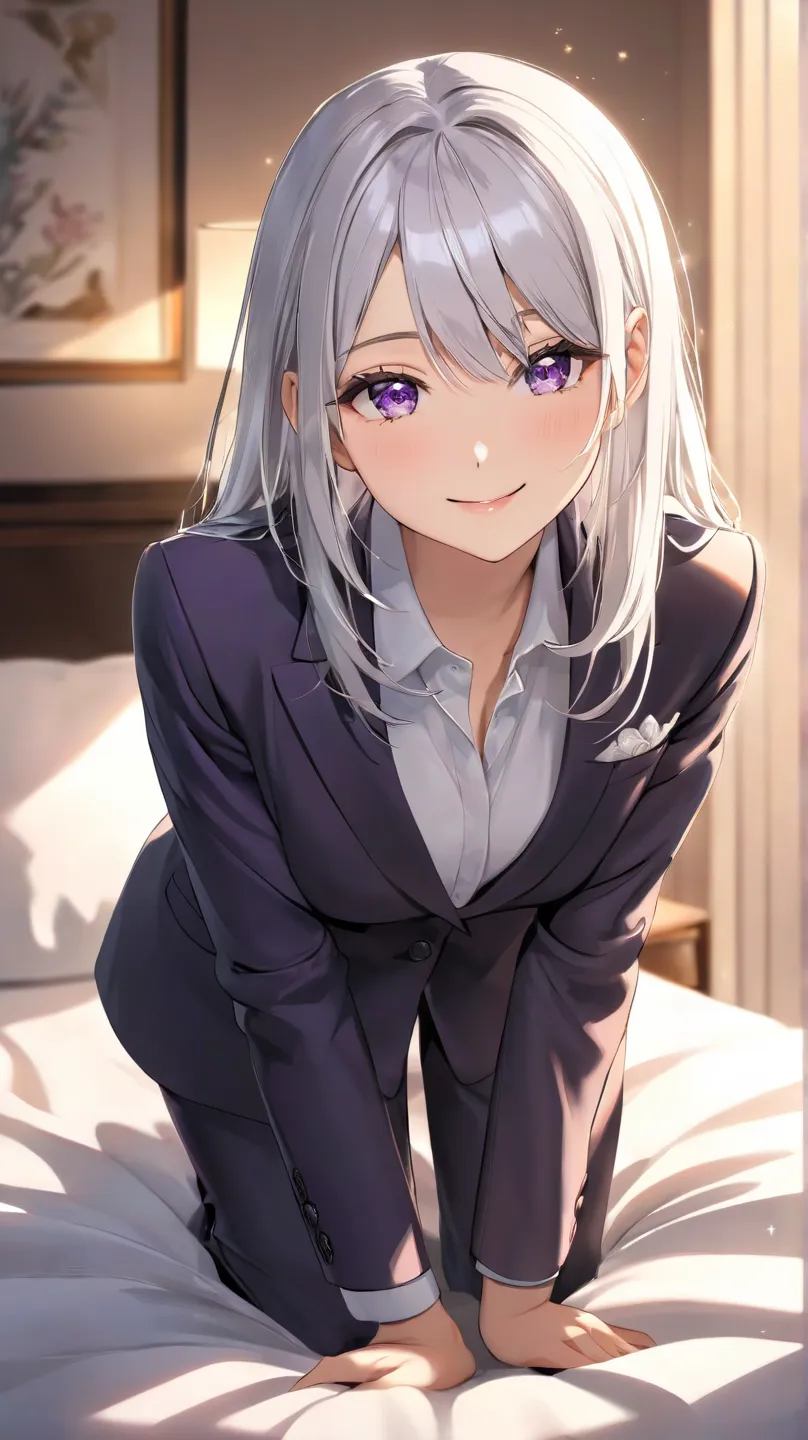 1 girl crouching, solo, Hi-Res, smiles, high quality,  Silver Hair, Aperture F1.2,  Slim,chest,purple eyes,no background,suit,one&#39;s home,close-up,bed