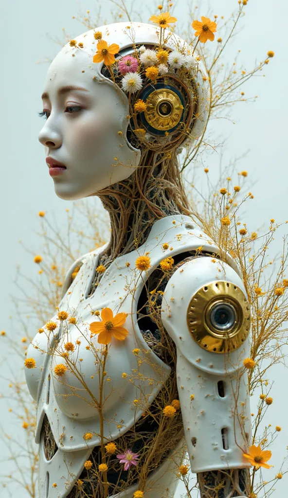 A highly detailed humanoid robot with exposed golden joints and glossy white plating, enveloped by an energetic swirl of floral arrangements mixed with mechanical components like gears, wires, and translucent tubes.