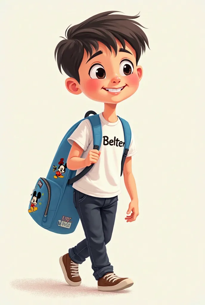 Create a cartoon image of a white boy ,  black eyes , Short hair wears black pants white shirt on his shirt says Belter is pulling a blue backpack with drawings of Mickey Mouse
