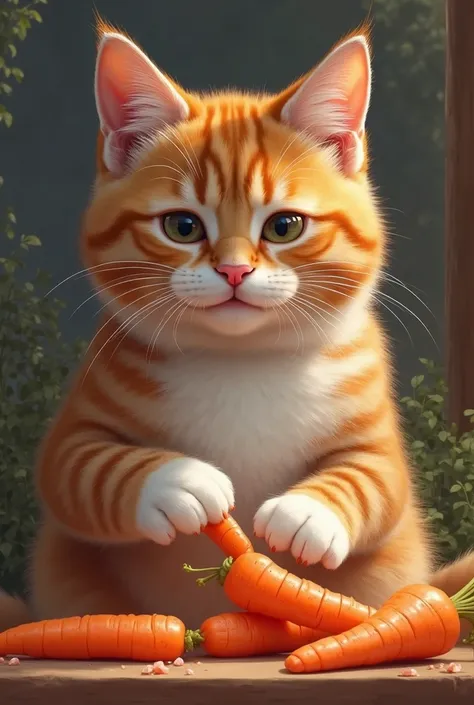 Generate prompts related to cat buy carrots like human,cat cooking carrots like human, cat buy carrots like human,cat cutting carrots like a human

te: every prompt have this details orange cat with white paws,chonker cat, adorable digital painting, very r...