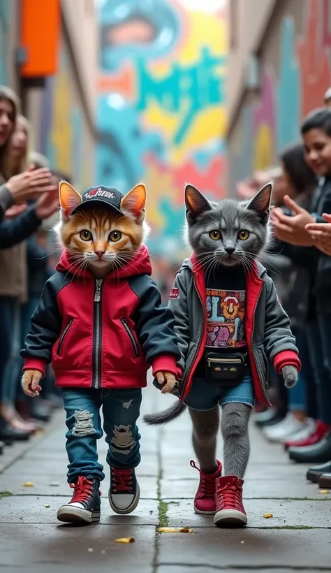 "Urban Graffiti Runway – Street Art Chic" 🎨🚦
Two baby cats walk upright and forward as urban fashion icons against a vibrant graffiti backdrop.

Kitten 1 (Crimson): Sporting a streetwear jacket with bold prints, distressed jeans, and high-top sneakers, wit...