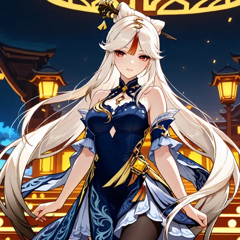 ningguang (genshin impact), long hair, white hair, hair ornament, red eyes, parted bangs, Black stockings, tassel, very long hair, sidelocks, hair stick, hairpin, Beautiful blue evening dress with a golden dragon pattern, Night, stage, soft lips, extremely...