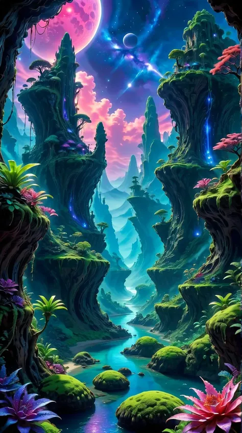 《avatar》Pandora Planet, a huge forest ,cliff,Extraordinary plants,bright colors,blue filter, Ultra wide angle ,Atmospheric perspective, panorama, cinematic lighting purple bright red 