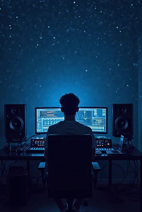  Track cover . This cover in dark blue colors. The guy is sitting in the studio in front of the monitor with the name of the track “Stars” written and writes music. There are speakers to the right and left of the monitor. The angle of the picture itself sh...