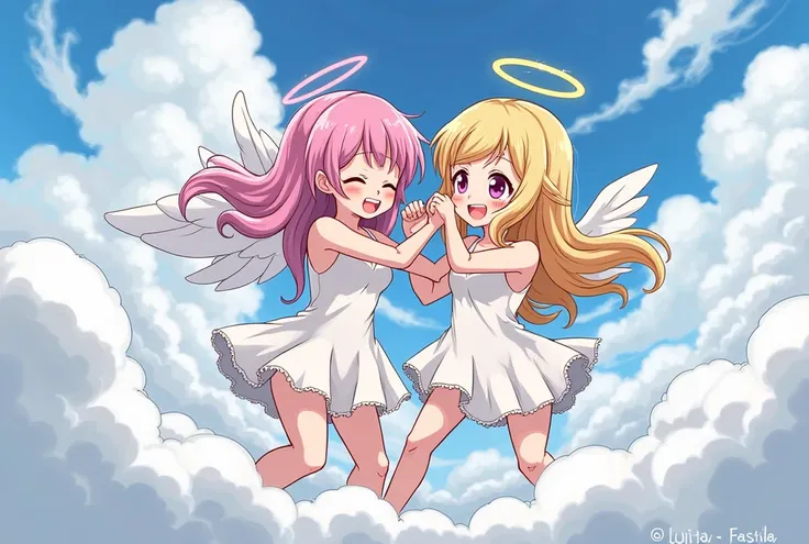 An anime-style illustration depicting  angel-girls playfully wrestling with each other inside a utopia comical fight cloud.
each angel-girl has different colored hair.
their faces,hands,and feet are visible emerging from the cloud as they tussle humorously...