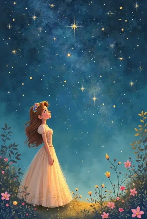 Princess: "I hope they always walk together, like these stars — never apart."in cartoon style I need in form like Cinderella 
