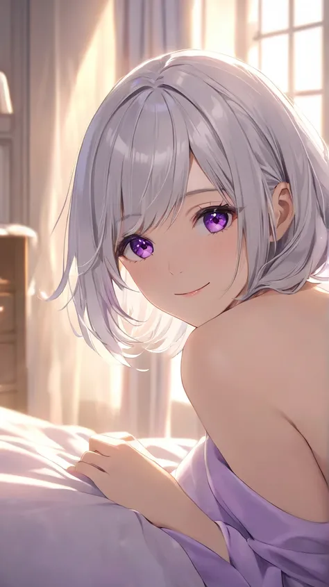 1 girl crouching, solo, Hi-Res, smiles, high quality,  Silver Hair, Aperture F1.2,  Slim,chest,purple eyes,no background,suit,one&#39;s home,bed