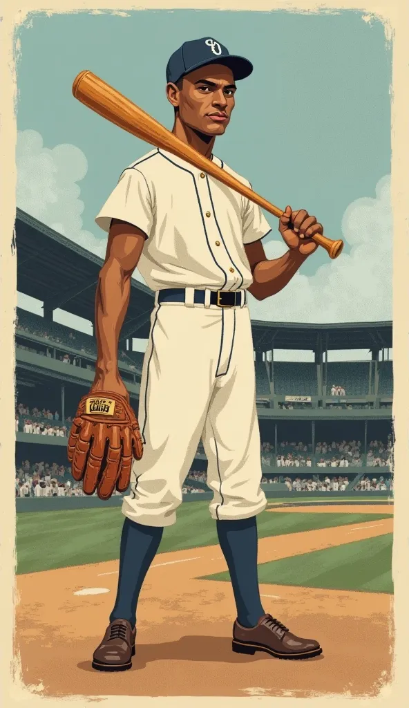 The baseball card showcases a vintage, cartoonish illustration style inspired by classic early 20th-century sports cards, with bold yet slightly muted colors and a smooth, grainy texture. The shading is minimal, using simple gradients and soft shadows to c...