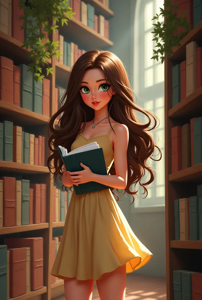 A beautiful girl , intelligent, Nice girl with brown hair and green eyes standing in a library and holding a book and all that in animated style 