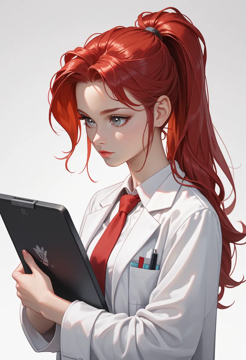 (score_9, score_8_up, score_7_up), 1girl, solo, red hair, red eyes, long hair, ponytail,  26 years old, standing holding tablet in her hand, wearing labcoat +white t-shirt+ red tie+ black skirt+ gray eyes, deep_negative_pony