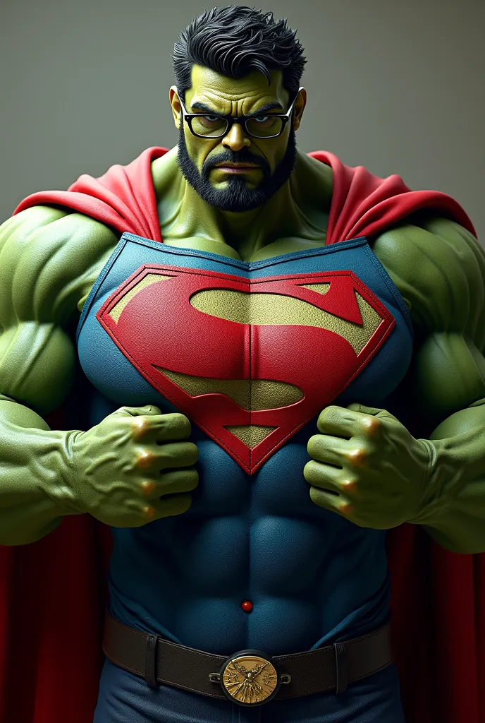 Hulk com barba curta, wearing glasses, Putting on Superman's clothes