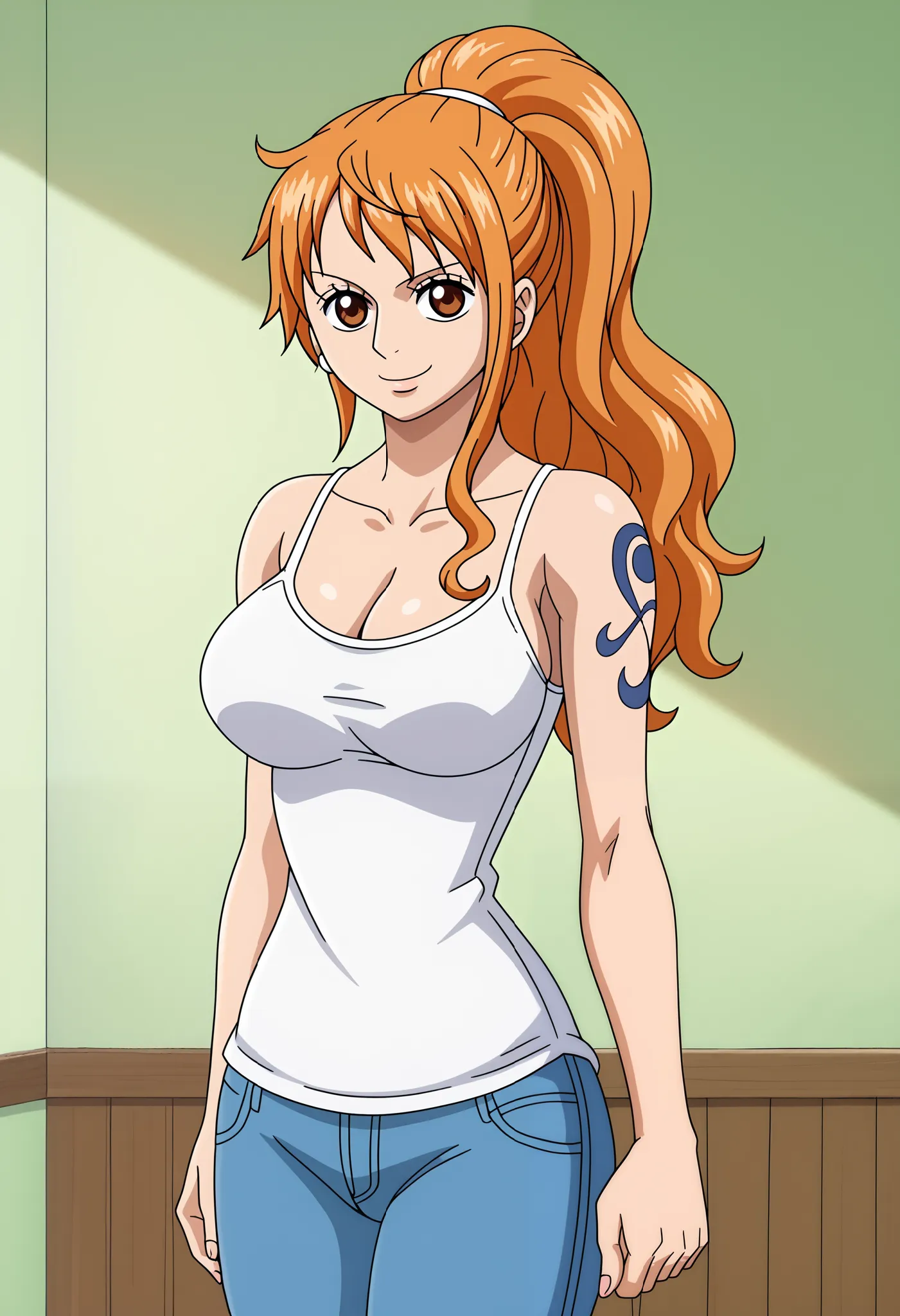 score_9_up, best quality, cowboy shot, anime_source, anime style, (SOLO:1.7), 1girl, Nami, orange hair, (white comesole:1.4), morning, (ponytail:1.7),  (serious smile:1.3), (curvy body:0.7),), (slightly looking at the viewer:1.2) (Medium breasts:1.5), jean...