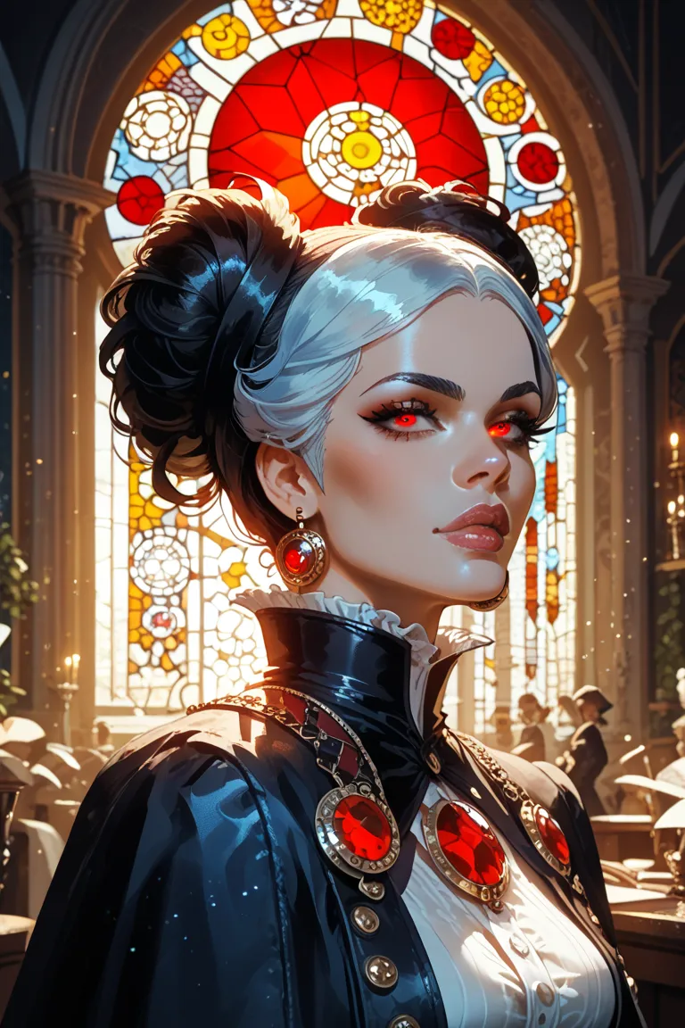 A vampiric sorceress, her face fragmented like stained glass, radiating golden light. She raises a hand, summoning spectral bats while her piercing red eyes hypnotize.