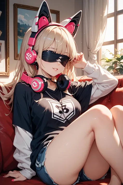 I'm wearing headphones on my ears {x} she's wearing sexy clothes on the sofa、my hands and legs are tied。sexually aroused。 blindfold。Headphones in ears。