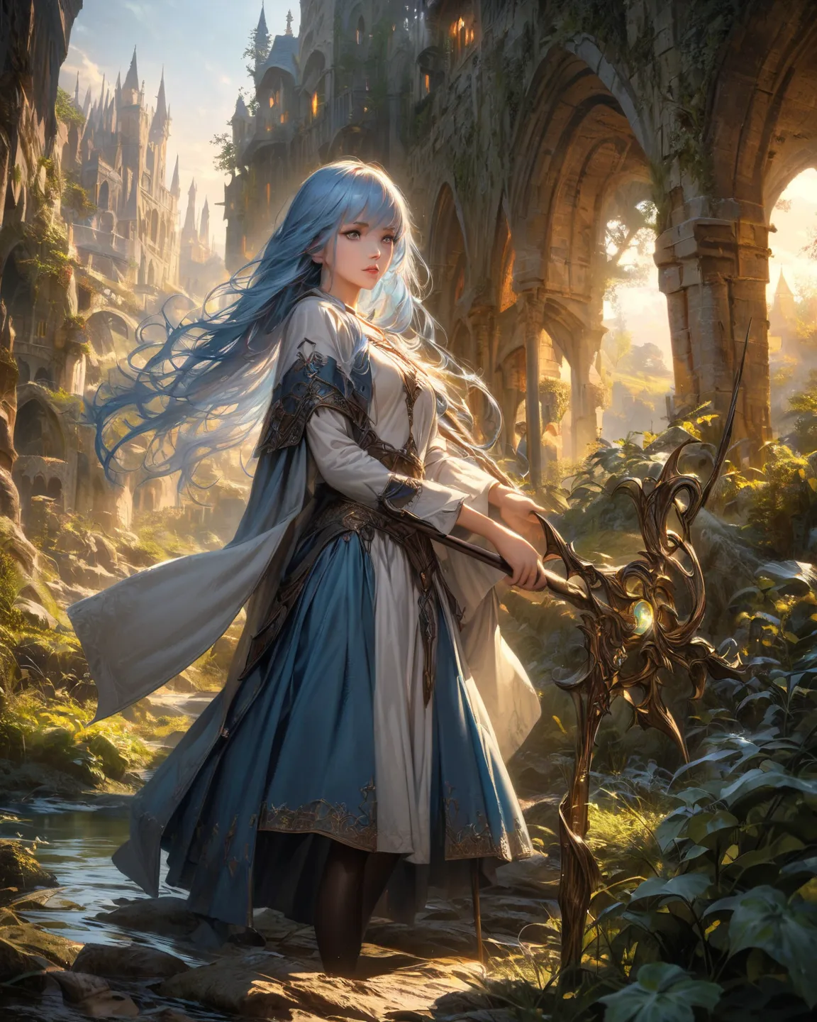 a human young girl, 1.65 meters tall, slim body, medium breasts, long light blue hair, silver eyes, white skin, beautiful face. Wearing the mage clothes with white shirt, blue skirt, black pantyhose, black shoes, black mage cloak. I hold the white magic st...