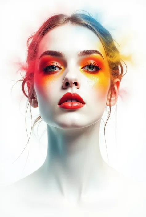 A Minimalist Art: A picture of pretty female face with white background. expressionistic, Emotional, Dynamic, Distorted emotional effects, energetic, Use unusual colors, detailed, (best quality, masterpiece, photorealistic), very aesthetic, perfect composi...