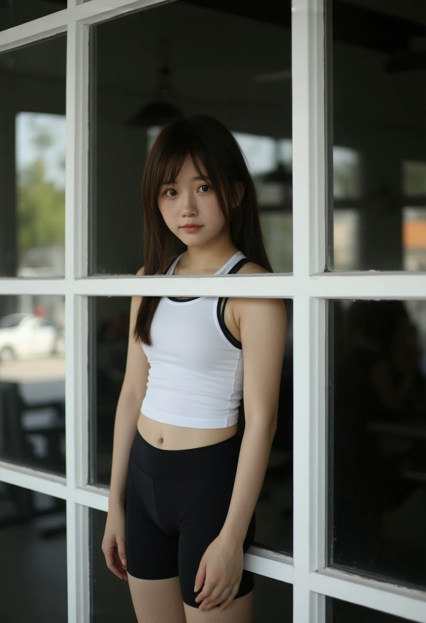 (hyperrealistic:1.1),(superrealistic:1.1), (8k,Photorealistic:1.2), (realistic:1.2),(Photo taken through window glass),fitness gym, (Soft focus. Film grain effect. lens flare). dim background with natural light and warm orange bokeh. It depicts a young jap...