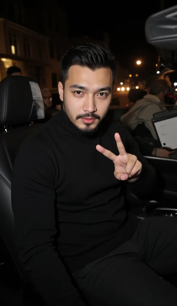 a handsome young turkish guy with muscle, dark very short hair fade middle parting and goatee beard  he wearing a black turtleneck sweater and a black pants. he is in a cabrio car with black seats he driving Amateur photo random picture and location is ger...