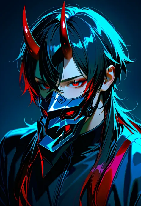 1 male, black hair with red highlights, red eyes, short red oni horns with dark red tips, wearing a black canines mask covering his mouth, good looking, wearing black clothes.