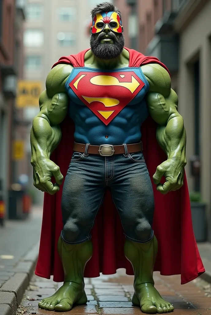 Hulk com barba curta, wearing glasses, Putting on Superman's clothes and wearing a carnival mask