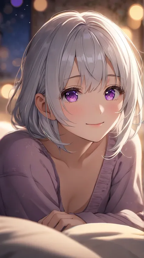 1 girl crouching, solo, Hi-Res, smiles, high quality,  Silver Hair, Aperture F1.2,  Slim,chest,purple eyes,night,one&#39;s home,bed