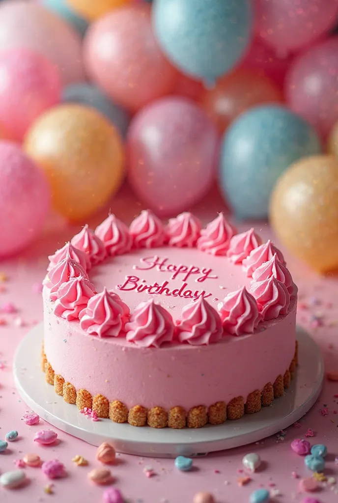 Birthday tart cake decorated with butter cream in pink color and on it is written the name Ameena husna tasmara. Her cake tart is pink and near the cake there are many colorful balloons