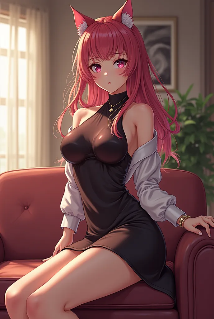 ((masterpiece)) ((Maximum quality)) (( Maximum detail)) ((Anime Style)) ((seinen style )) ADULT girl beast, cat ears, perfect face, perfect body, Dressed up in modern elegant clothes ((full body)) ((perfect legs)). Elegant living room background 