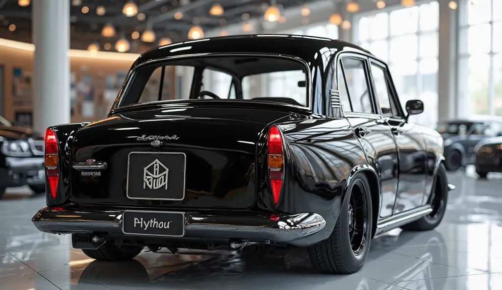 create an ultra-detailed 3D render, of a modern 2025 [hindustan ambassador] with a bold design looking long captured from straight back close view. The car should feature a shining black color with a '[ambassador]' logo on its front, a large white detailed...