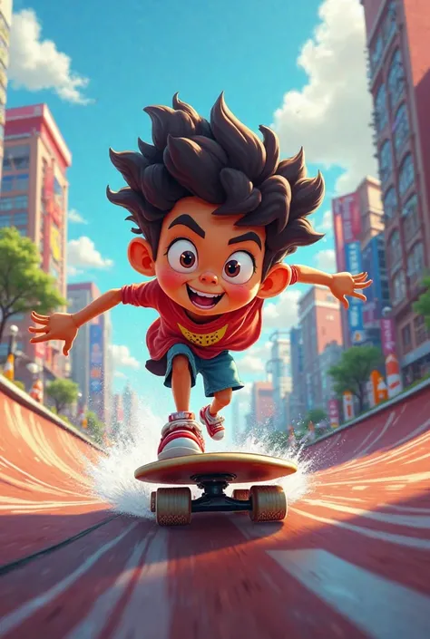 Create an image of a human cartoon character speeding down a hill on a skateboard, dodging traffic cones and   excited 