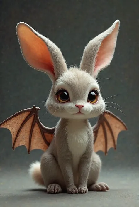 Create a fantastical hybrid creature that combines the features of a rabbit and a bat. The creature has the soft, fluffy body of a rabbit with long ears, but the ears are elongated and slightly webbed like bat wings. Its eyes are large and expressive, with...