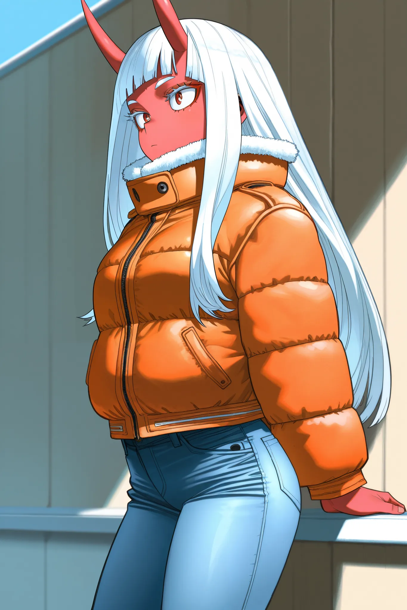 Masterpiece, detailed, high resolution illustration, Horikoshi kouhei, my hero academia, 1 girl, long hair, blunt bangs, white hair, white eyelashes, red eyeshadow, white eyebrows, small breasts, shiny skin, thick thights, puffer jacket, jeans, oni, red sk...