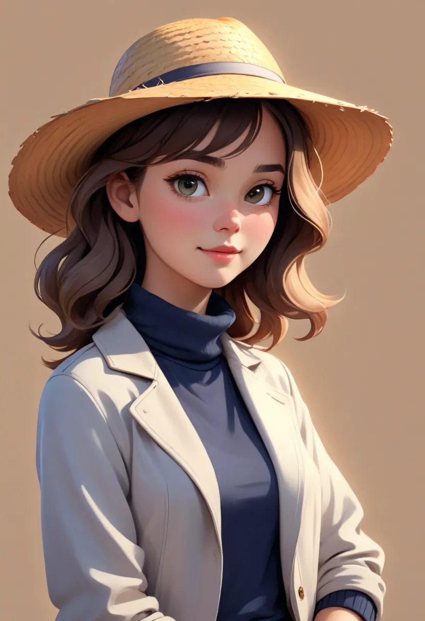 
young woman with soft wavy hair, wearing straw hat, casual modern jacket with turtleneck or high collar fully covering neck, digital paint look, painting 3D, casual game style, front light lighting, solid background portrait