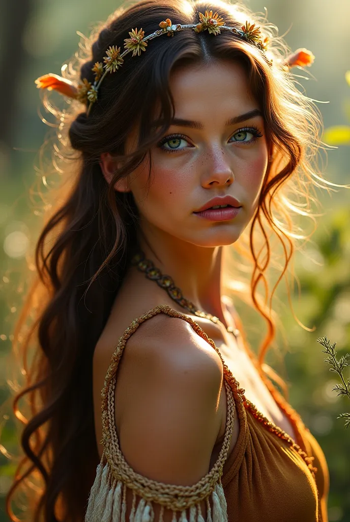 Beautiful brown hair woman, blue eyes, hippie outfit, realistic