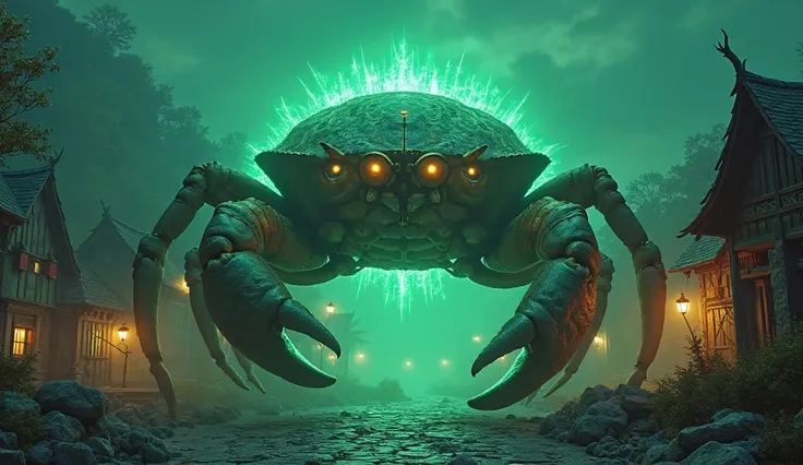 In cinematic 3d realistic style "a green colour glowing ,a very big size giant crab in the village.in night.glowing eyes of crab, very realistic.