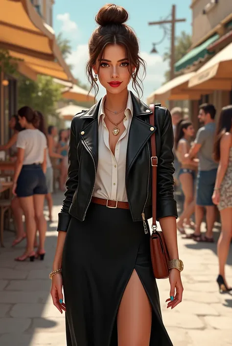 Full body beautiful white very thin skinny medium breasts lebanese woman, 5'7" tall, medium top bun brown hair, deep brown round eyes, wearing close zipped up black black biker leather jacket, zipping up jacket, up collar, collared white formal button down...