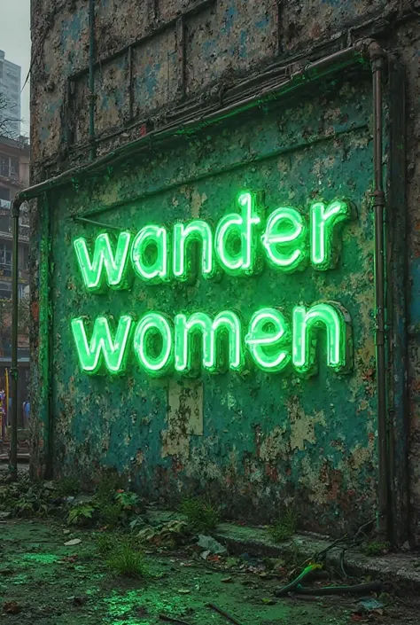 Neon green lettering "Warfare Wonder Women" on a realistic abandoned city wall