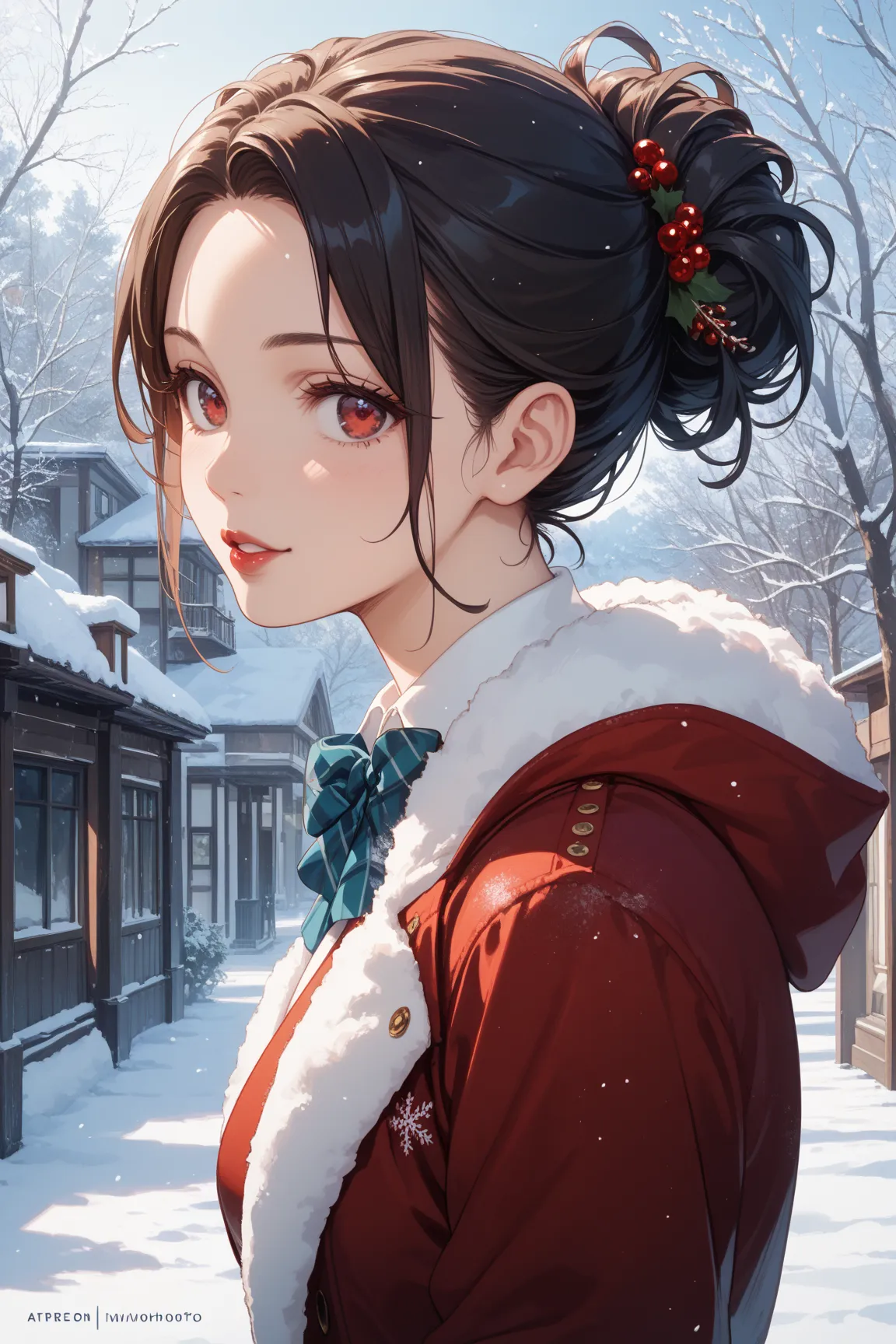 A girl with black hair up to her waist, red eyes, and a beautiful face、red glossy lips、Oshitakoshi、Sit with slender legs 、Skin is exposed、winterドレス，Brown Beauty　Figure standing up and looking back，Overflowing with smiles、green，winter