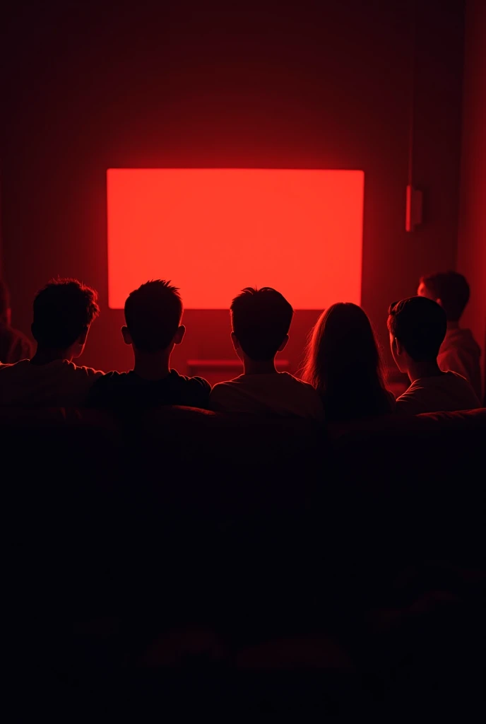 A group of people watching Netflix on the TV showing their back and the background is black and light red