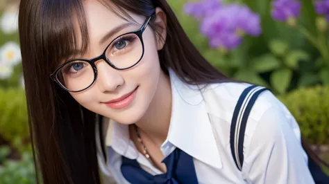   top grade  、   black hair、 Super long hair、  straight hair 、 pure white skin、Idol women 、 Women with cute faces 、  beautiful skin with glasses、 blue eyes、big breasts、 Big Breasts 、 very big 、 kind smile、 young、 Head to Thighs 、On campus、  tight uniform  ...